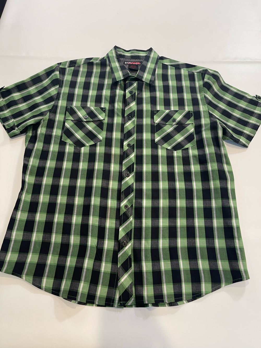 Hawk Men's XXL Green Black White Plaid Woven Cotton Short Sleeve Shirt. SKU#057